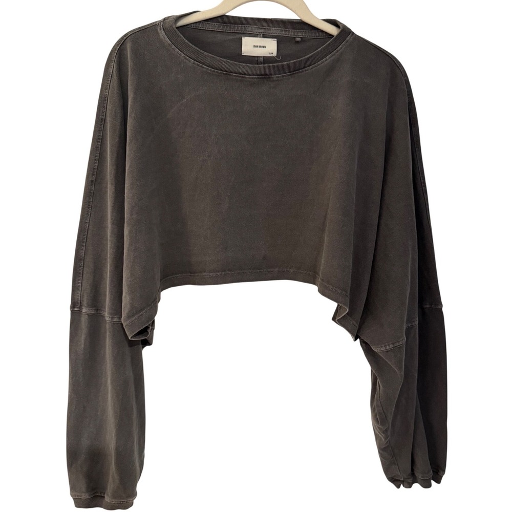 Joah Brown Slouchy Crop Long Sleeve Washed Black S/M Oversized Cotton Top - Picture 4 of 8